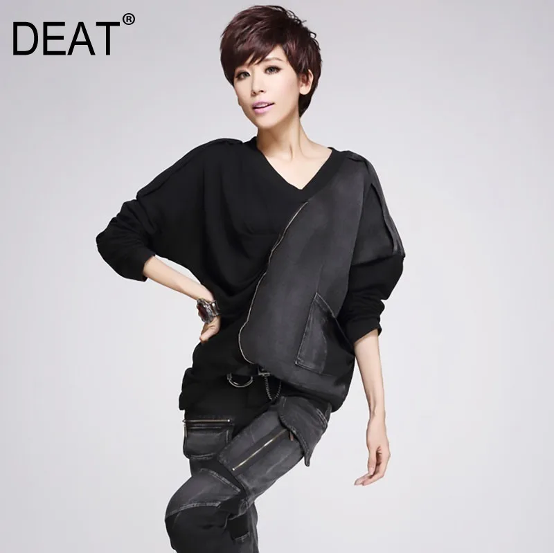 

[DEAT] 2019 New Autumn Winter V-collar Long Sleeve Black Hit Color Zipper Split Joint Loose Big Size T-shirt Women Fashion JO1