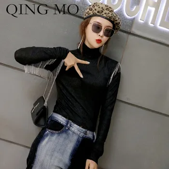 

QING MO Women Basic Black Bottom Shirt 2020 Spring Solid Pullovers Female Long Sleeve Tops Cotton Tassel Bottom Shirt WomenQF516