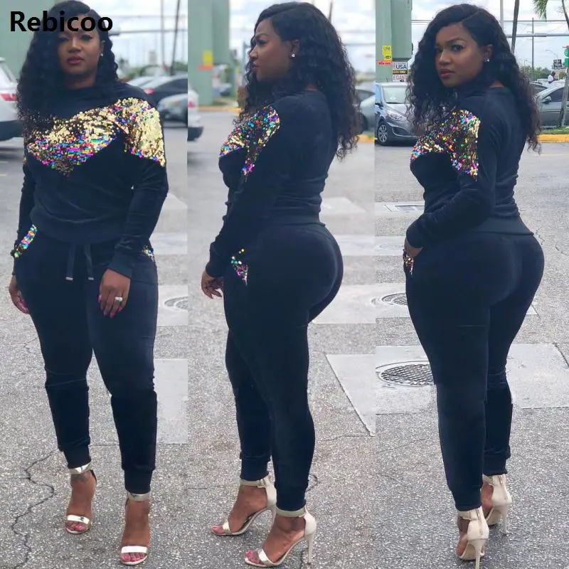 Women's Autumn/Winter Sequin Velvet Tracksuit Set with Long Sleeve Hoodie Top and Pants - Rebicoo image 4