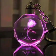 Персонализированные Сувениры пользовательские Роза светодиодный лазерной гравированный хрусталь брелок, Брелоки для ключей-круг в форме выгравированы брелоки