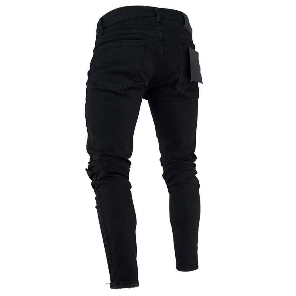 Fashion Men Ripped Skinny Jeans Stretch Destroyed Frayed Slim Fit Denim Pant with Zipper Pencil Pants Trousers Men Clothes