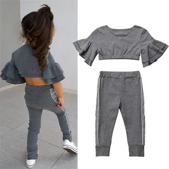 

2019 Summer Fashion 2PCS Toddler Kids Baby Girls Cotton Outfits Flare sleeve Crop Tops+Pants Leggings Clothes Set Dropshipping