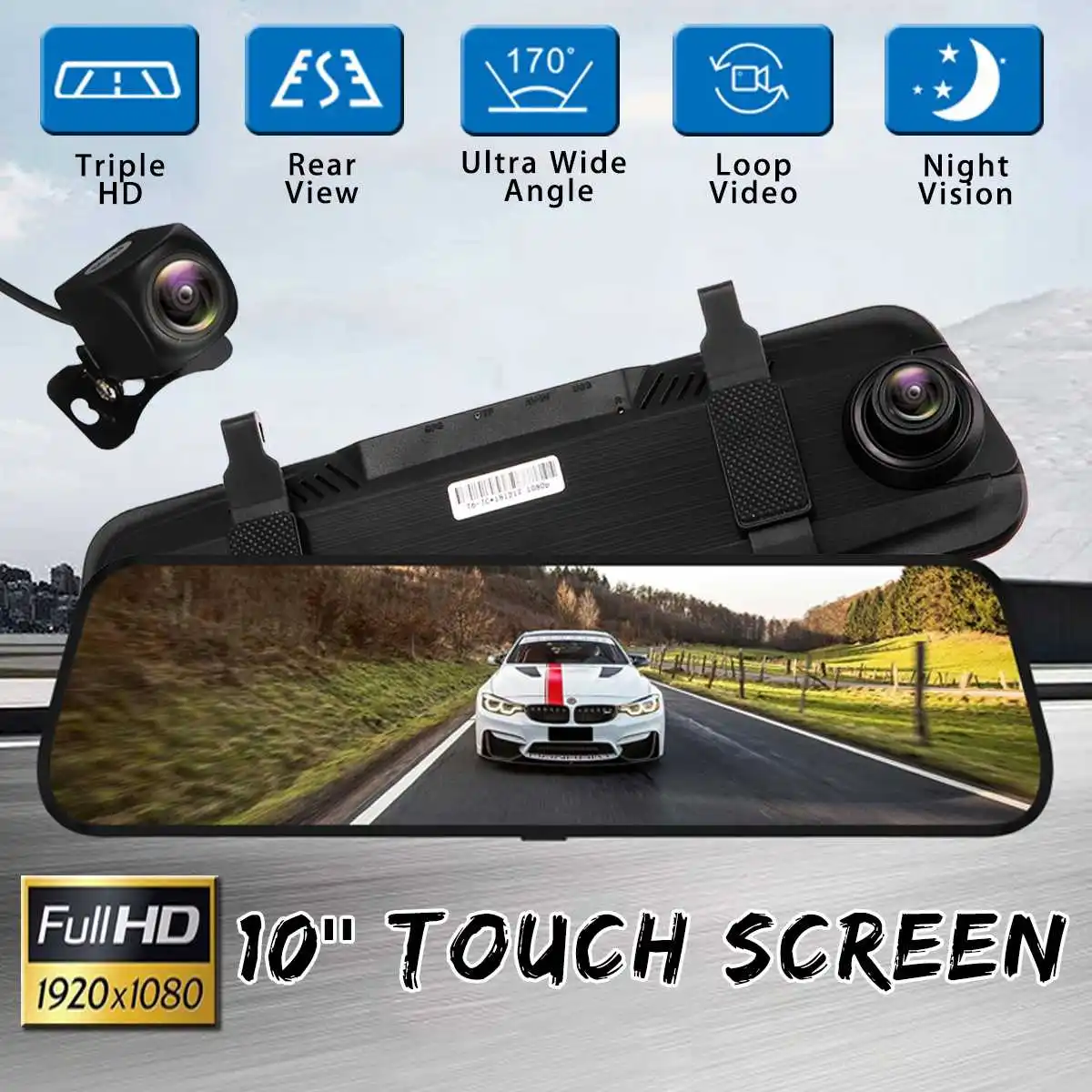 

10" 1080P for Touch Screen Dual Lens Full-screen Streaming Car Rearview Mirror DVR ADAS Dash Cam Camera Video Recorder Dashcam
