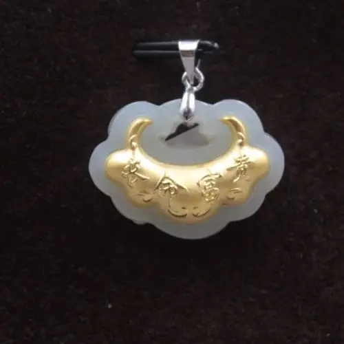 

New Natural Nephrite 999 24k Yellow Gold Lucky Lock Pendant 27x18mm