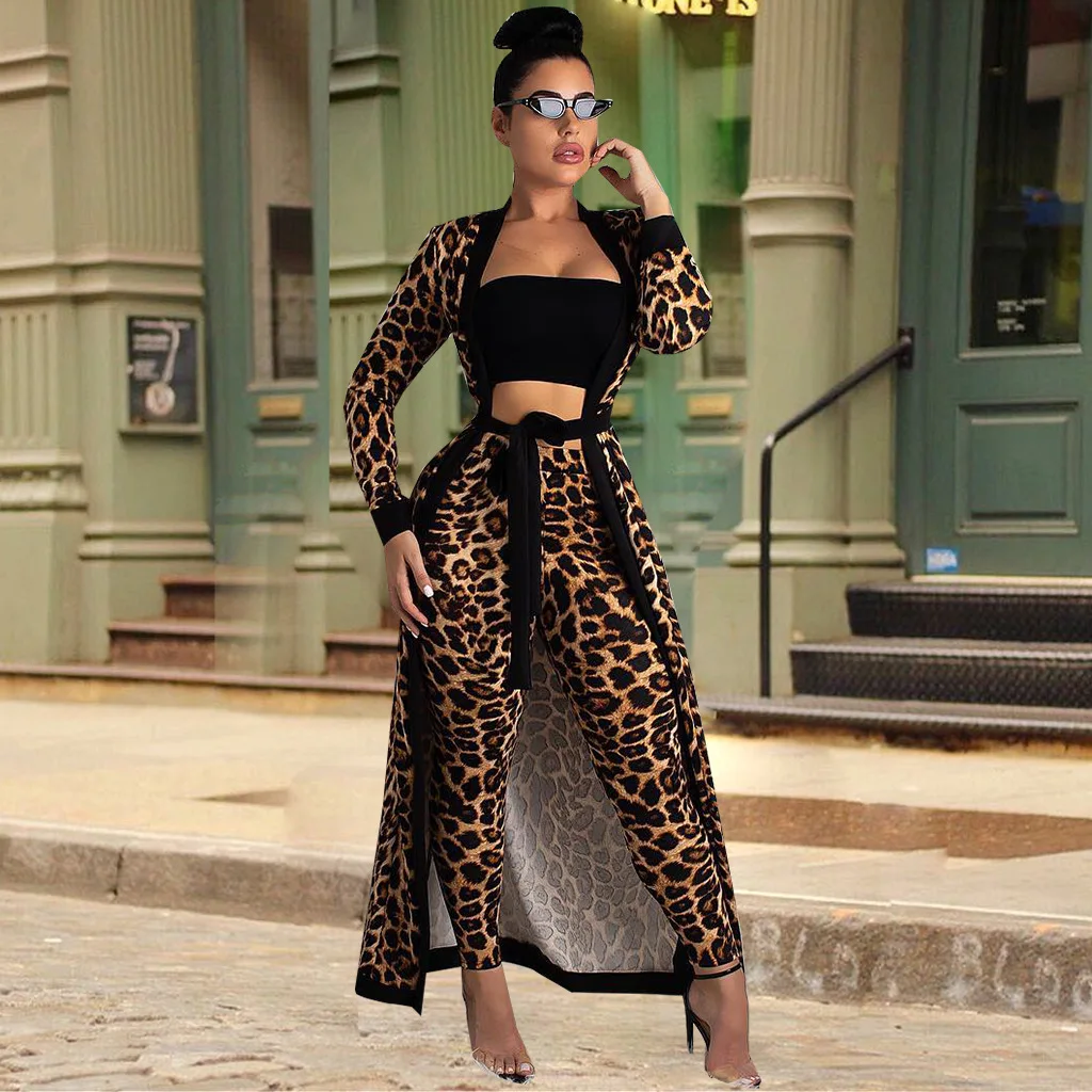 

2 Pieces Set Sexy Leopard Autumn Fashion Women Set 2019 Female Tops Print Long Sleeve Cardigan Bodycon Elastic Waist Pants