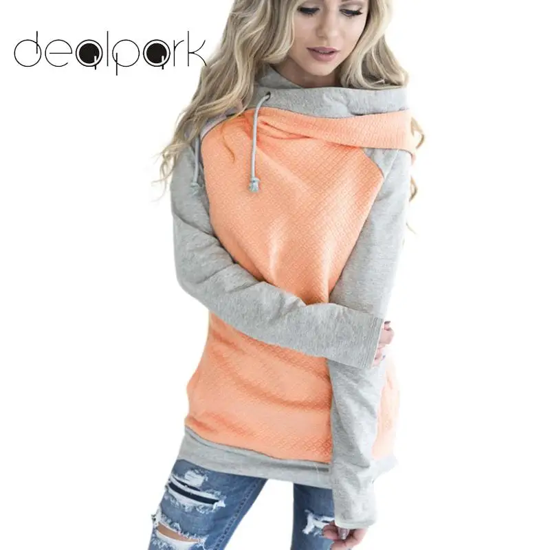 Women Hoodies Sweatshirt Color Block Drawstring Hooded