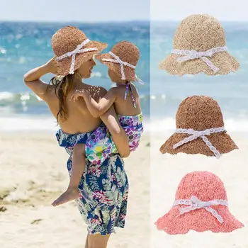 

Parent-child Hats Cute Bow Straw Cap Beach Shade Sun Caps Hand Made Hats Bow Women Foldable kids Lady Wide Brim two sizes