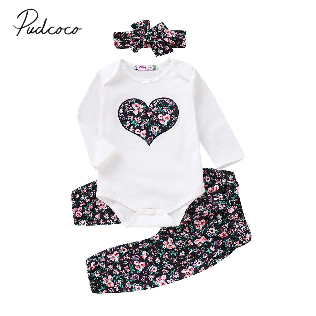

2019 Brand New 3PCS Autumn Winter Kids Baby Girls Clothes Sets Heart Floral Print Long Sleeve Romper Tops+Bowknot Pants+Headband