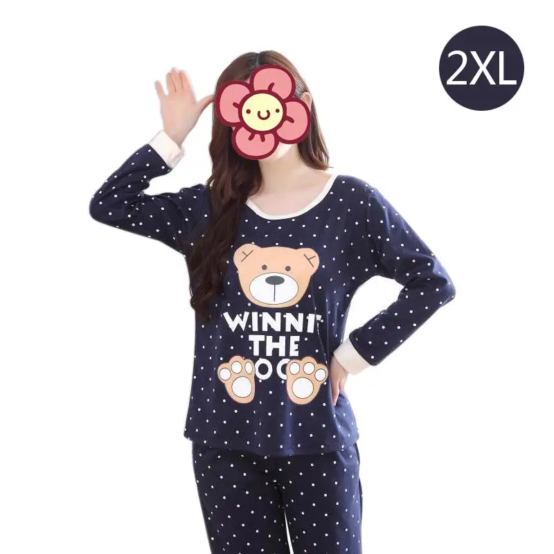 

Ladies Long-sleeved Trousers Pajamas Cartoon Tibetan Blue Wave Point Bear Home Service Home Spring Autumn Skin-friendly Sweet