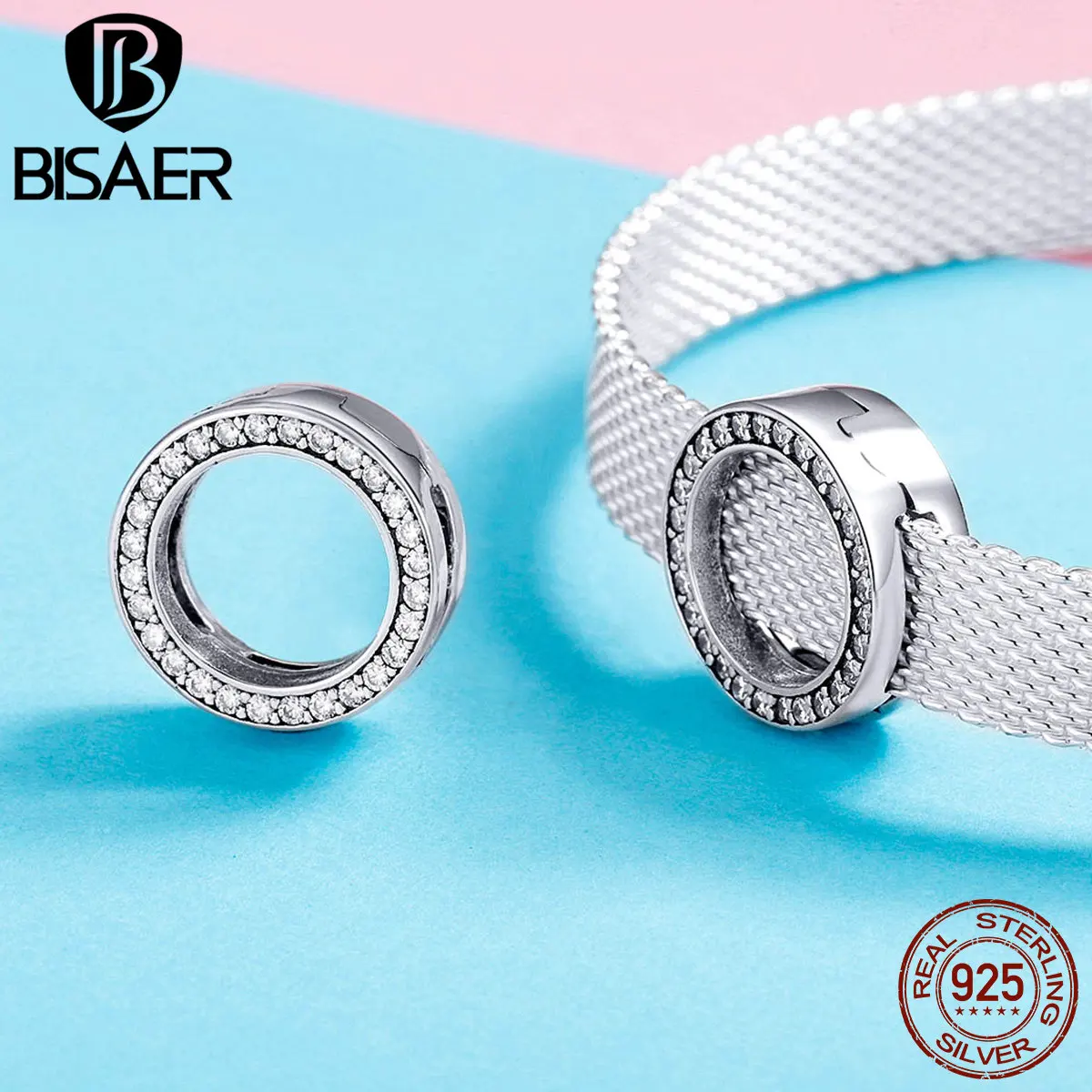 

BISAER 925 Sterling Silver Round Beads Cubic Zircon Circle Charms fit for Women Charms Bracelets DIY Silver 925 Jewelry ECX101