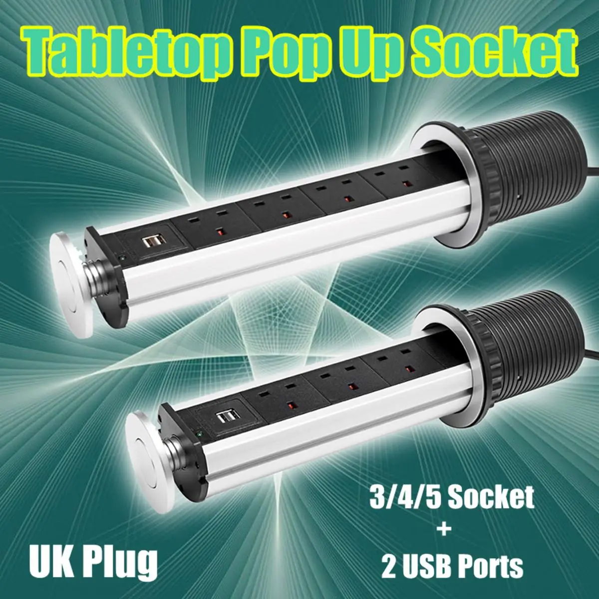 

3/4/5 UK Plug Retractable Pop Up Power Socket 2 USB Port Worktop Outlet Tabletop Power Strip Surge Protector Extension Lead Plug