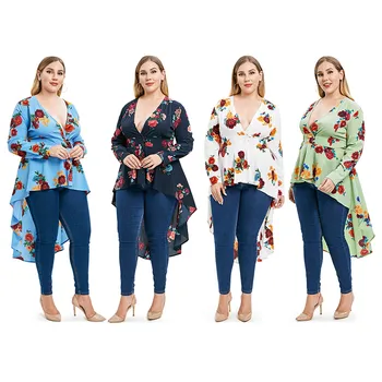 

Plus Size Sexy V Neck High Low Floral Maxi Blouse Spring Fall Long Sleeve Blouses Casual Retro Shirt Women Top Blusas Long Tunic