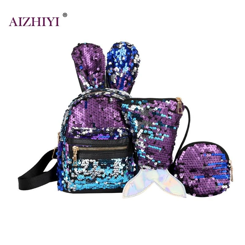 3pcs/set Women Rabbit Ear Sequin Backpacks Schoolbag Girl Shoulder Bags Tote Bag