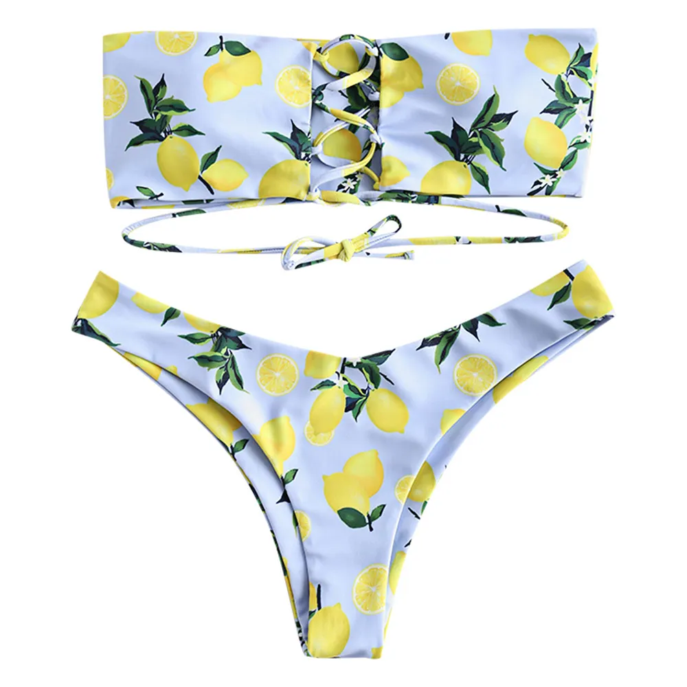 

ZAFUL Lemon Print Bikini 2019 Lace Up Bandeau Bikini Set Strapless Padded Swimsuit Low Waist Bikini Sexy Women'S Swimming Suit