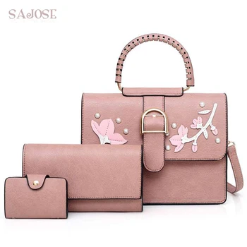 

3 Pcs/Set Pu Leather Women Top-Handle Bag Casual Totes Women's Shoulder Bags Handbags With Pearl Flower Composite Bag For Lady