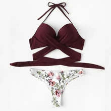 Женский пуш-ап Мягкий купальник Бандаж Бикини Топ Цветочный Принт трусики уплотненный бюстгальтер колготки бикини раздельный пляжный купальный костюм