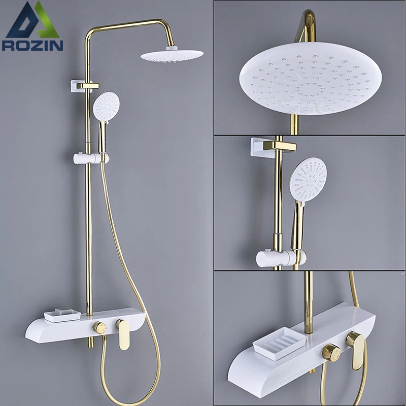 

Golden White Bath Shower Faucet Wall Mounted Rainfall Shower Set Rainfall 8" Shower Head Commodity Shelf Mixer Valve Soap Box