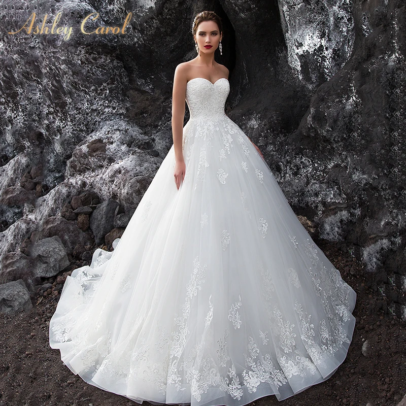 

Ashley Carol Appliques A-Line Wedding Dress 2019 Sweetheart Sleeveless Lace Up Court Train Backless Bridal Gown Vestido de Noiva