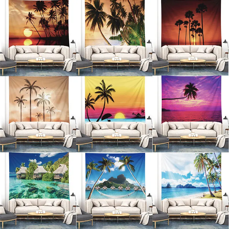 

Seaside Coconut Tree Tapestry Wall Hanging Charm Nature Landscape Bohemian Wall Tapestry Macrame Home Decor Tenture Mural Cloth
