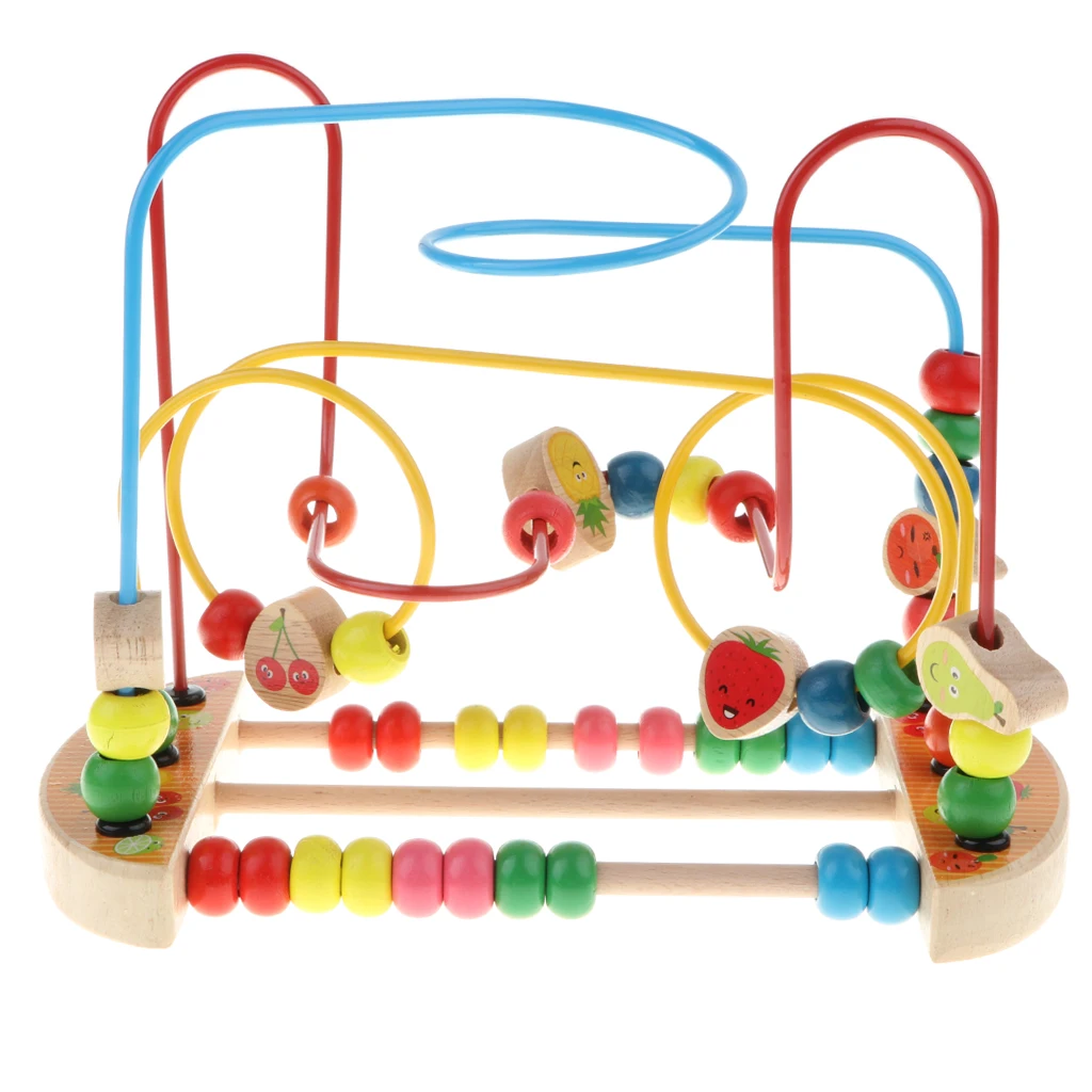 Baby Activity Bead Maze Puzzle, Toddler Baby Wooden Roller Coaster Sliding Beads Game Developmental Toy - Fruits