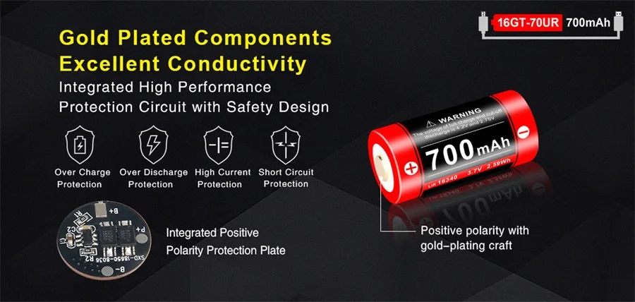 Klarus 16GT 70UR 700 mAh Micro usb Зарядка Высокая разрядка 16340 литий ионная батарея|Портативные