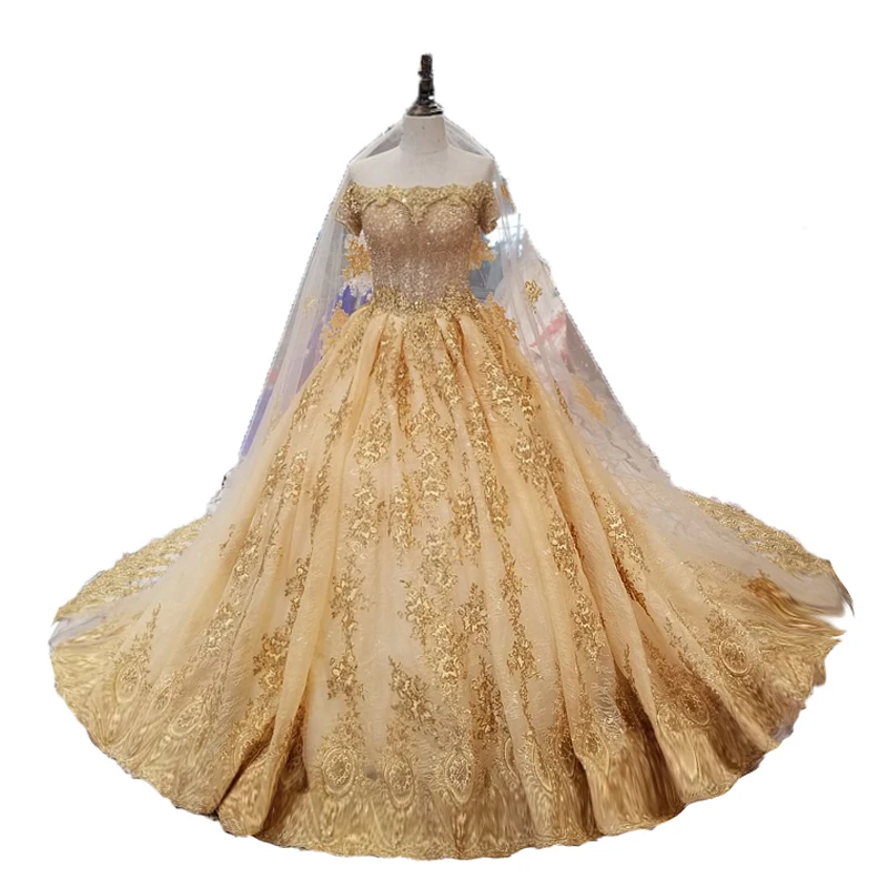 Champagne Wedding Dress Royal Hemline Gold Bridal Formal Gown