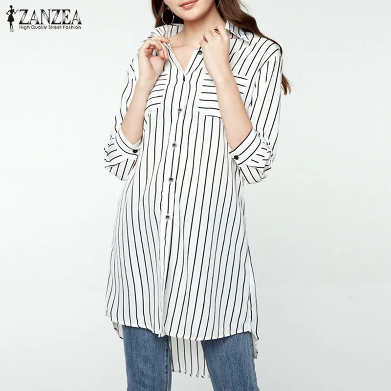 

ZANZEA 2019 Women Blouses Summer Striped Shirts Sexy Pockets Half Sleeve Casual Long Tops Office Ladies Blusas Plus Size XS-6XL