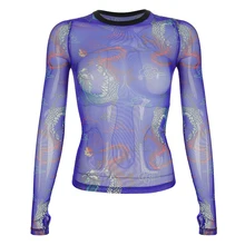 New Women Mesh Top Vintage Dragon Print See-through Top Sheer Mesh Perspective Long Sleeve T-Shirt New Women Mesh Top Vintage Dragon Print See-through Top Sheer Mesh Perspective Long Sleeve T-Shirt