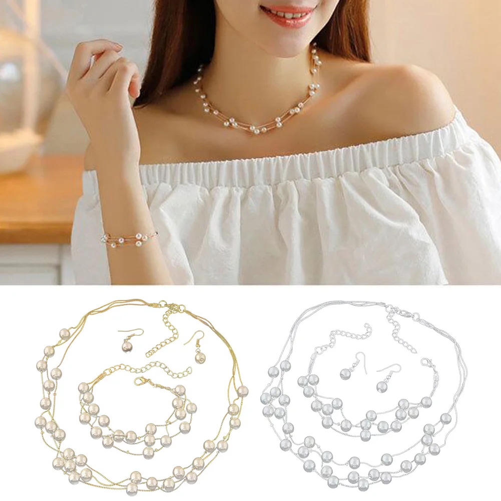 

Imitation Pearl Jewelry Set Golden Color Charms Weeding Party Acc Gentle Women'S Multilayer Earrings Necklace Bracelet Sets