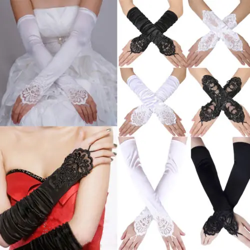 AU Exquisite Bride  Party Dress Fingerless Pearl Satin  Lace Glove