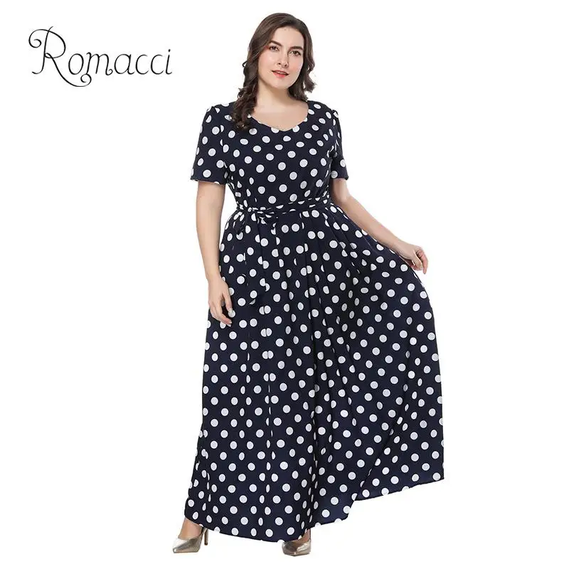 

Romacci Women Plus Size Maxi Dress 4XL 5XL 6XL 7XL Polka Dot O-Neck Short Sleeve Summer Dress 2019 Belted Slim Swing Long Dress