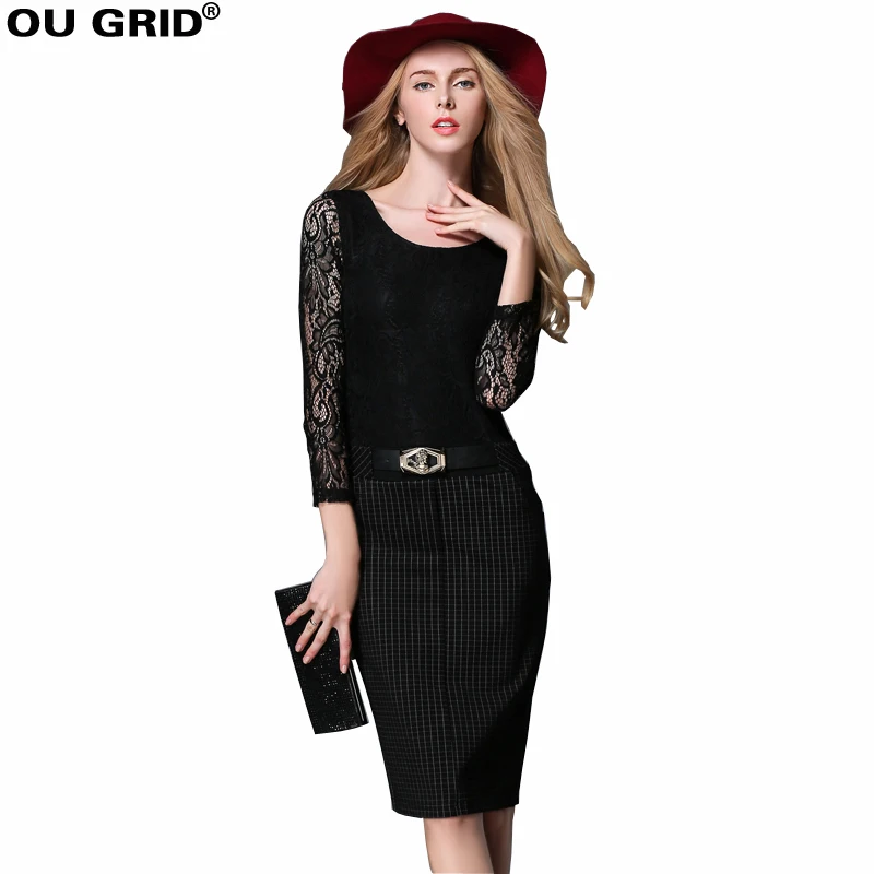 Women Black Lace Work Dress Patchwork Hollow Out Long Sleeve Lady Slim