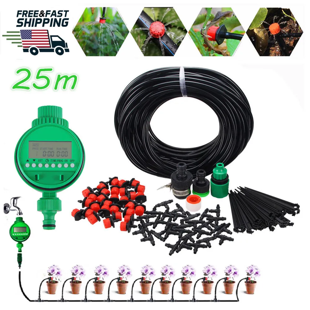 

High Quality 25m 30pcs Plants Garden Watering System Automatic Garden Hose Kits Connector Adjustable Drip Dropship Support