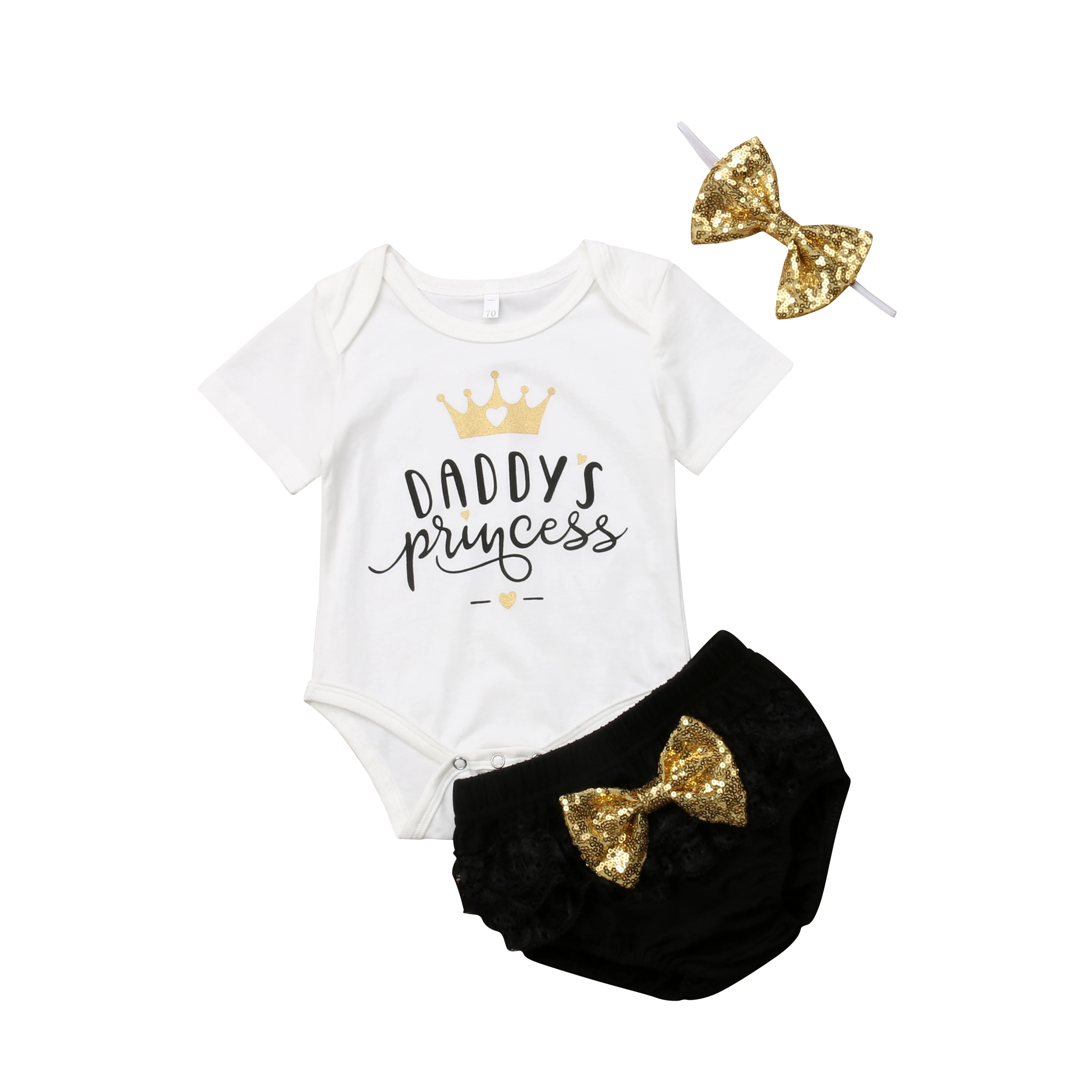 

3 pieces Short sleeve Daddy's Princess Print Bodysuit,Bowknot Decor Ruffle Bloomers with Headband Set For Baby Girl