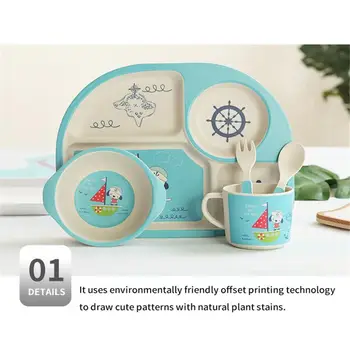 

Children's Tableware Set - Five-piece Bamboo Fiber Innovative Cartoon Rice Bowl Baby Dishes Plate - Gift Tableware