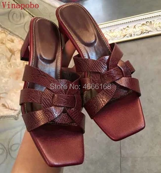 

Red Blue Woman Rome Style snake Leather Tribute Slippers Shoes Thick High Heels Luxury Designed Lady Slides Casual Outdoor Shoes