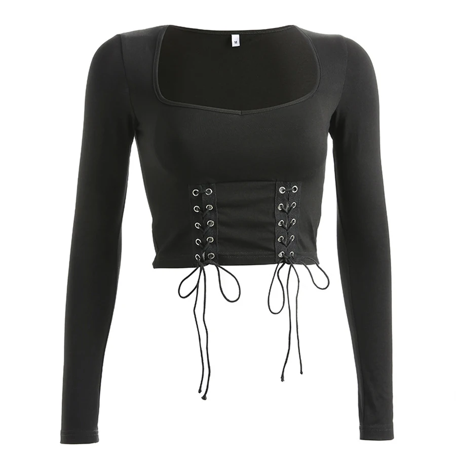 Sexy Black T Shirts For Women Bandage Lace Up Cropped Tops Ladies Tee ...
