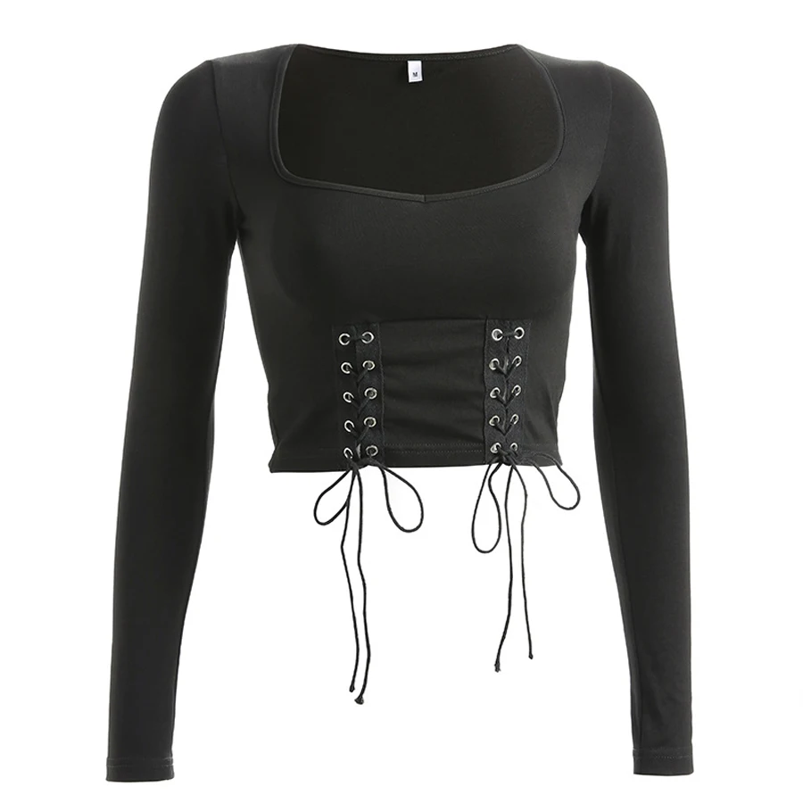 

Sexy Black T-Shirts For Women Bandage Lace Up Cropped Tops Ladies Tee Top Slim Fit Plain Elastic Short T Shirt