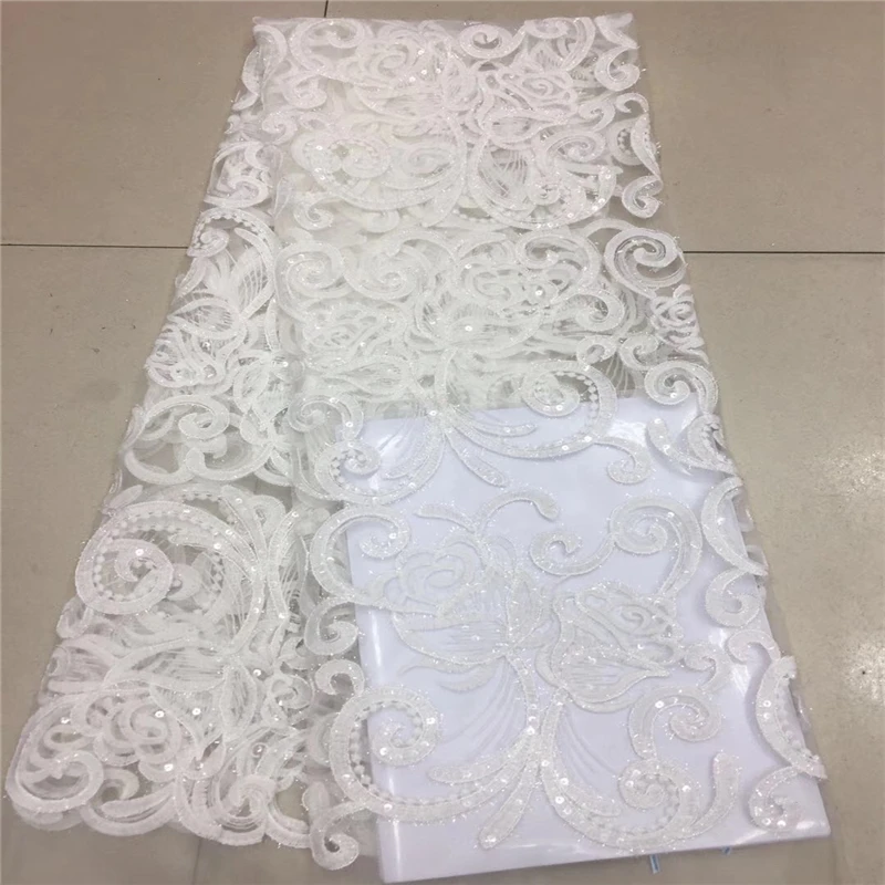 

white 2019 New Design high quality lace nigerian lace fabric for women dress african tulle lace with sequins 5yards