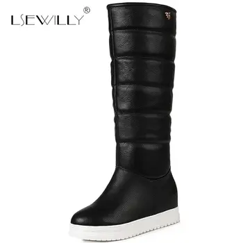 

Lsewilly Large size 33-43 black red white women knee high boots women's motorcycle boots thick fur warm winter snow boots E217