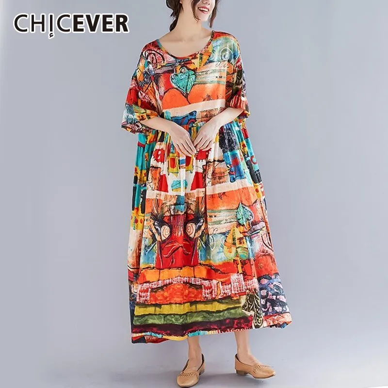 

CHICEVER Spring Hit Color Print Women Dress O Neck Half Sleeve Loose Oversize Split Hem Mid-calf A-line Dresses For Female 2019