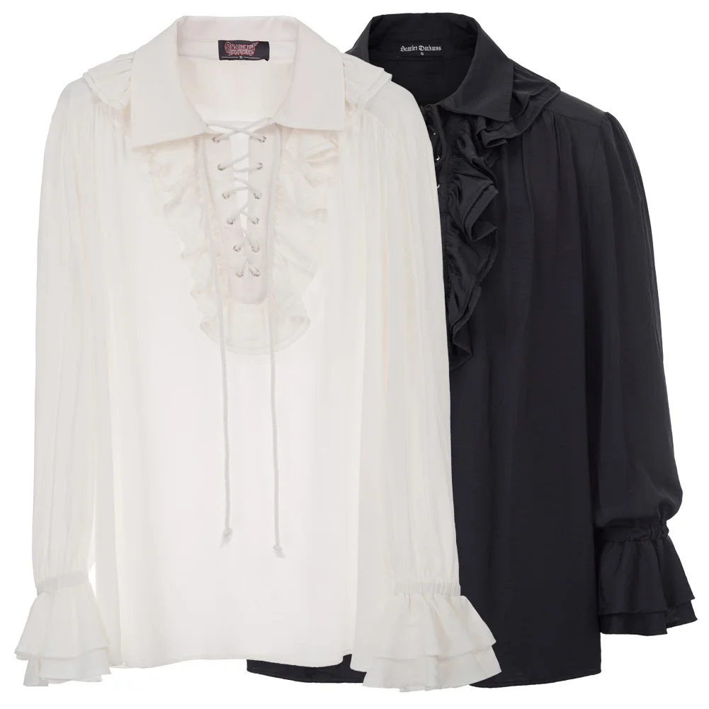 Beste Mannen Middeleeuwse Lange Mouwen Revers Kraag shirt vintage retro party victoriaanse gothic Ruche Versierd Lace Up Shirt mannen Tops ivoor