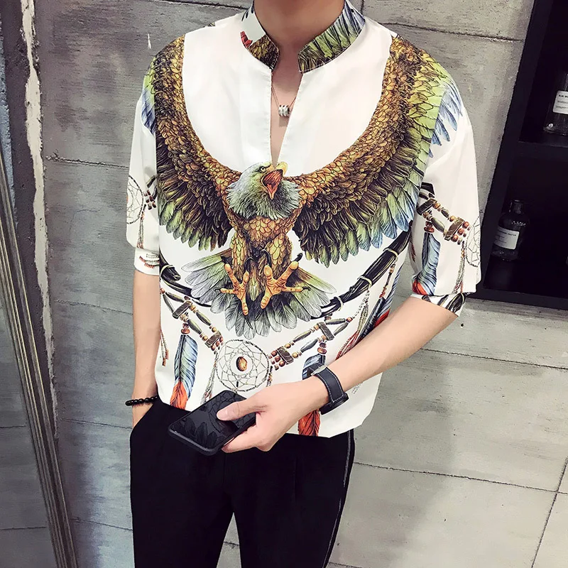 

2019 summer new men's ice silk shirt five points sleeve thin section collar youth flower Cartoon streetwear Black Free shipping