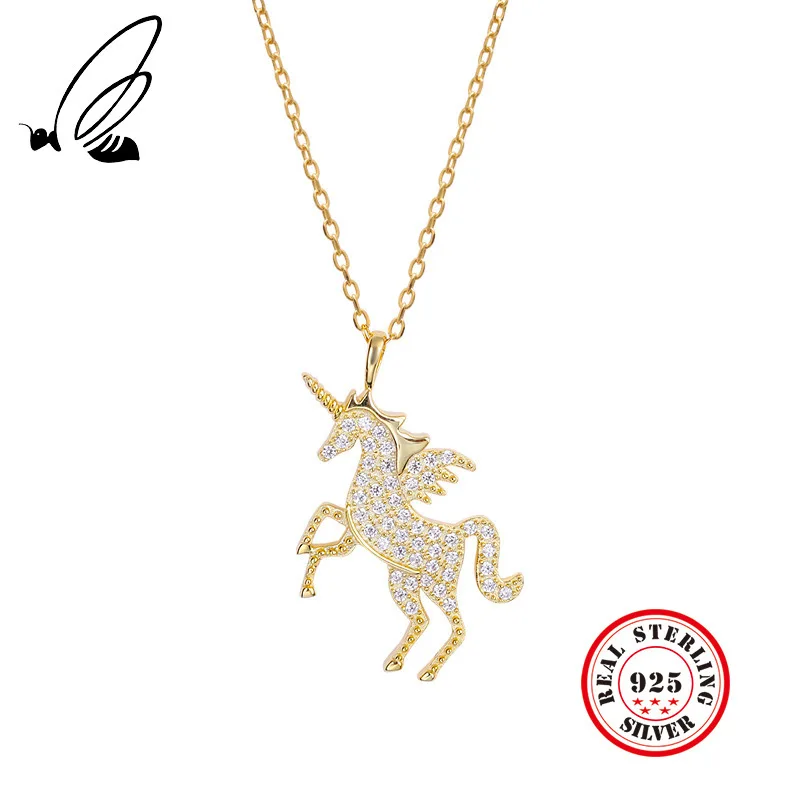

S925 Sterling Silver Personality Ladies Stylish Zircon Horse Pendant Necklace For Women Gold Color Fashion Party Kolye Bijoux