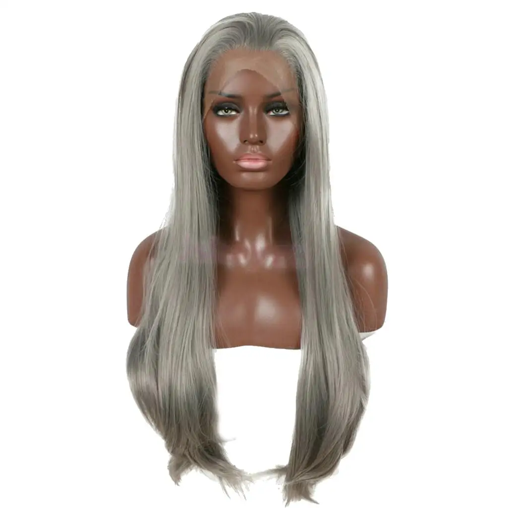 

26'' Fashion Silky Gray Long Straight Lace Front Wigs Synthetic Hair Wigs Natural Full Head Wig for Cosplay Costume Party