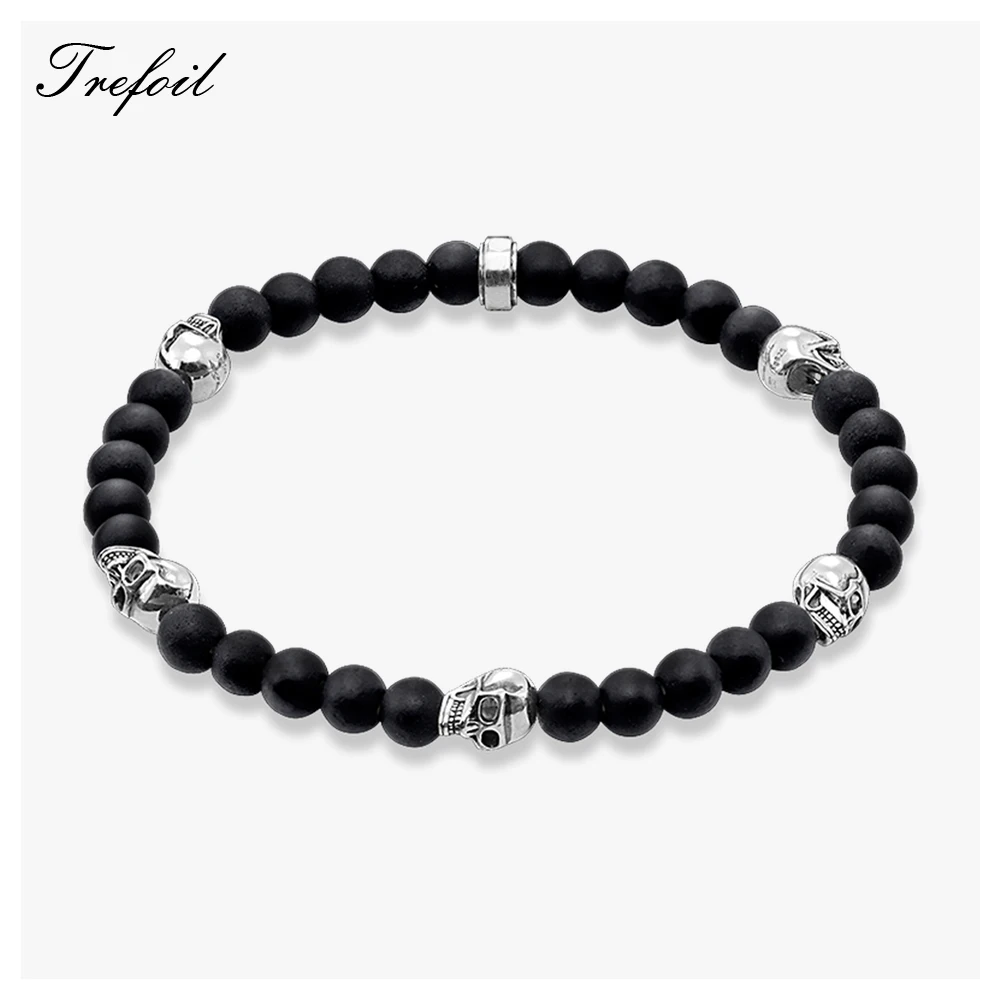 Bracelet Strand with 5 Skulls Obsidian Beads 2018 New Blackened Silver Fashion Jewelry Punk Gift for Men Boy Women Girls | Украшения и