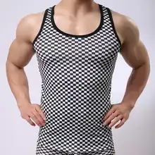 Для мужчин Бодибилдинг Футболка спортивная без рукавов стретчевый топ летние большого размера модная клетчатая майка для фитнеса тонкий нижнее белье
