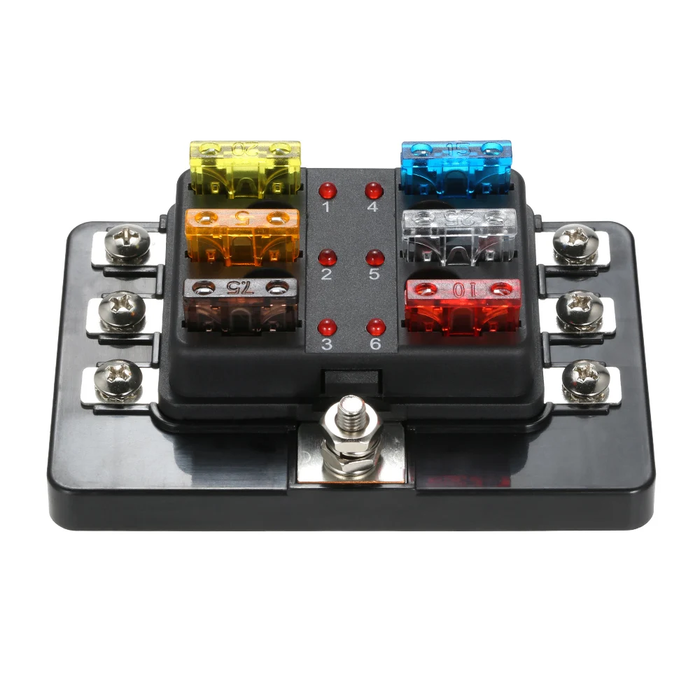 

12V 24V 6 Way Plastic Cover Blade Fuse Box Holder M5 Stud with LED Indicator Fuse Block Accessories for Car Boat Marine Caravan