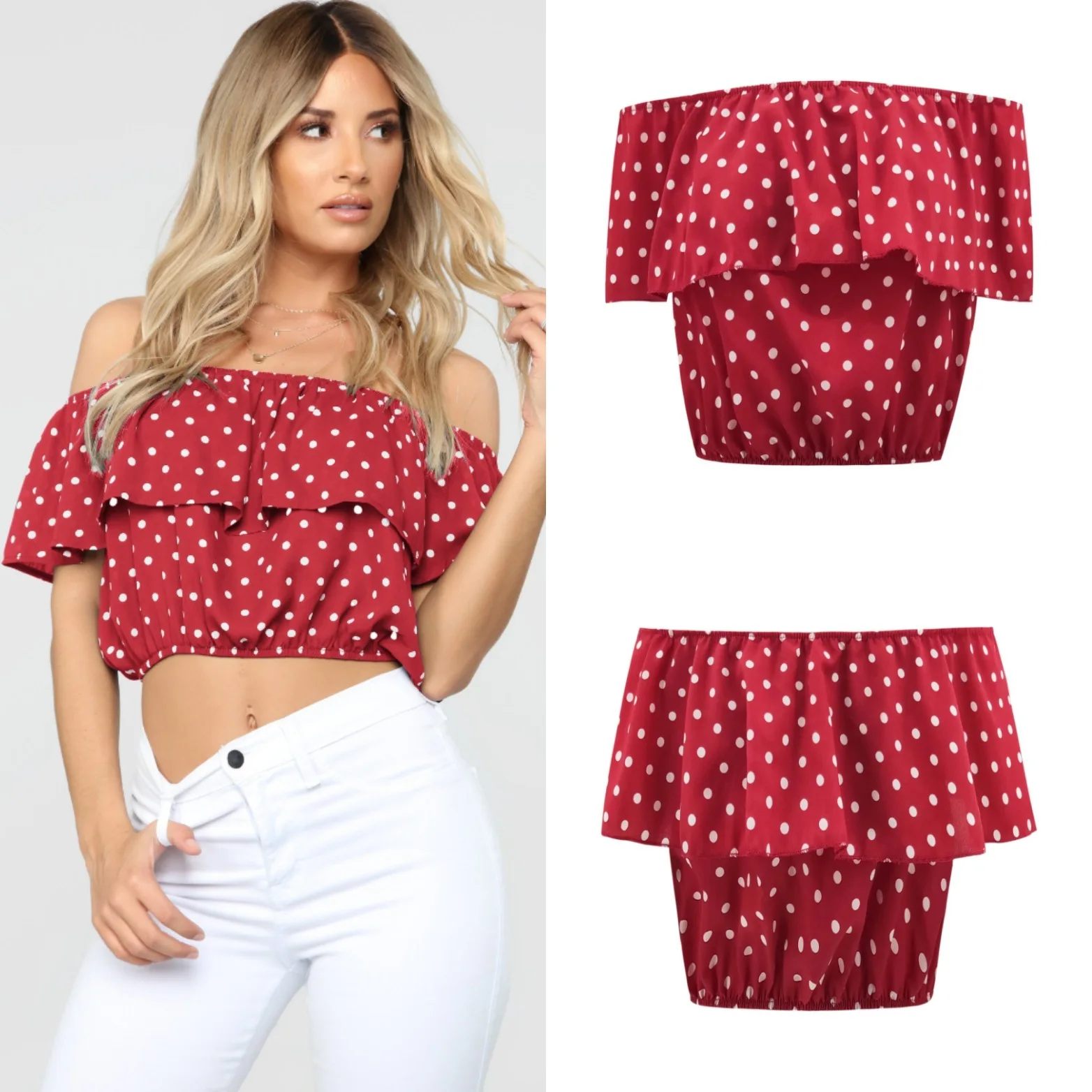 

Women Sexy Crop Tops 2019 Summer Off The Shoulder Strapless Polka Dot Point Tank Top Female Bustier Short Tops Tees Plus Size