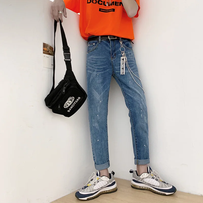

2019 Summer Men's Light Blue Colour Cotton Elastic Jeans Tide Male Bound Feet Slim Fit Casual Pants High-quality Trousers 28-34
